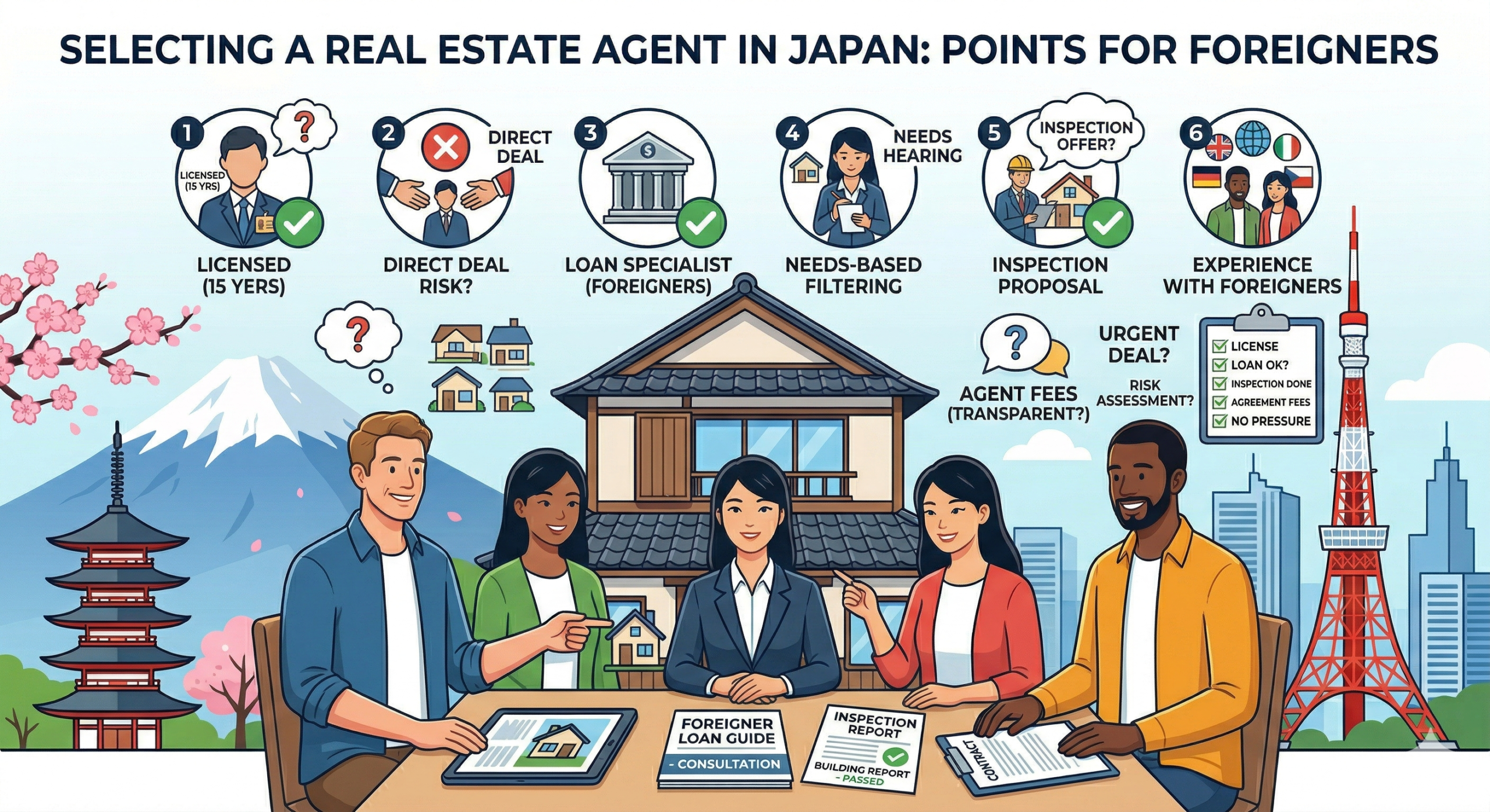 "An eye-catching image combining infographics and illustrations that explains key points for foreigners when choosing a real estate agent in Japan. At the top is the English title ‘SELECTING A REAL ESTATE AGENT IN JAPAN: POINTS FOR FOREIGNERS,’ and below it, six key points are illustrated with icons. ‘LICENSED (15 YEARS)’: An icon representing a licensed agent. ‘DIRECT DEAL RISK?’: An icon indicating the risk of agents receiving commissions from both the seller and the buyer. ‘LOAN SPECIALIST (FOREIGNERS)’: An icon indicating an agent knowledgeable about loans for foreigners. ‘NEEDS HEARING’: An icon indicating an agent who listens carefully to your needs. ‘INSPECTION OFFER?’: An icon indicating an agent who proposes a building inspection. “Experience with Foreign Clients”: An icon indicating an agent with a track record of working with foreign clients. In the foreground, three smiling foreign clients and one Japanese agent are engaged in a friendly conversation, pointing to documents on the table, such as a tablet, a loan guide, an inspection report, and a real estate cost checklist. The background features a Japanese house, Mount Fuji, a five-story pagoda, Tokyo Tower, and a city skyline. Translated with DeepL.com (free version)